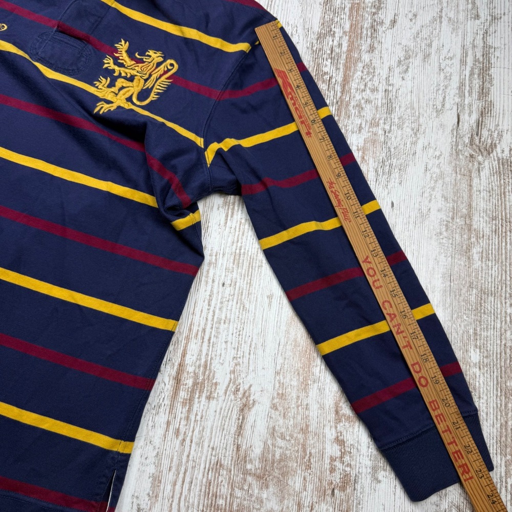 VTG Polo Ralph Lauren Rugby Shirt Mens Large Custom Fit Navy Striped Lion Crest - Picture 8 of 9